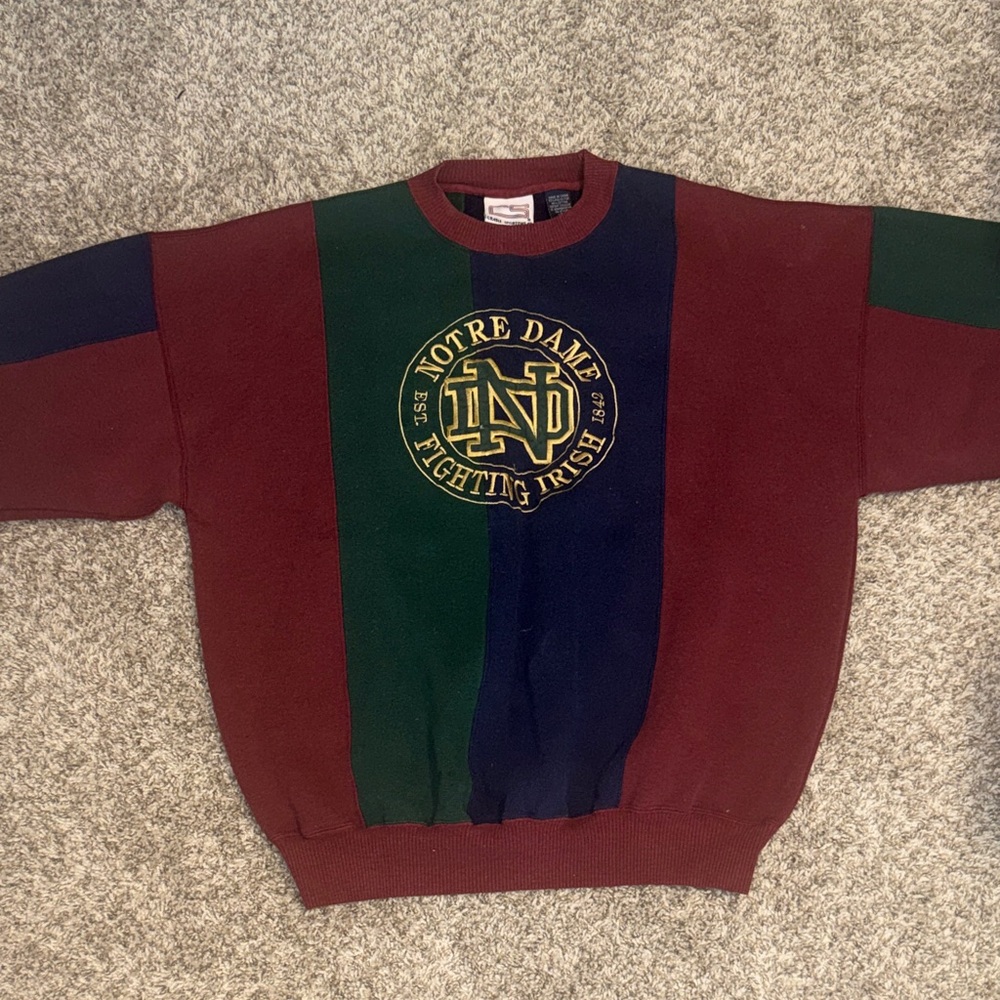 Vintage Notre Dame Striped Embroidered Crewneck Sweater - Burgundy, Green, Navy